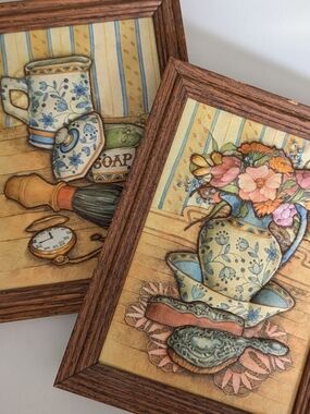 Vintage 3D Puffy Wall Art Pair